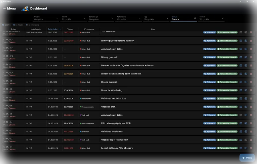 Defects list view (dashboard)